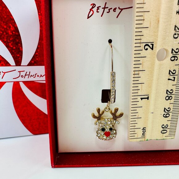 NEW Betsey Johnson Reindeer Rhinestone Drop Earrings Gold Tone - Picture 3 of 4